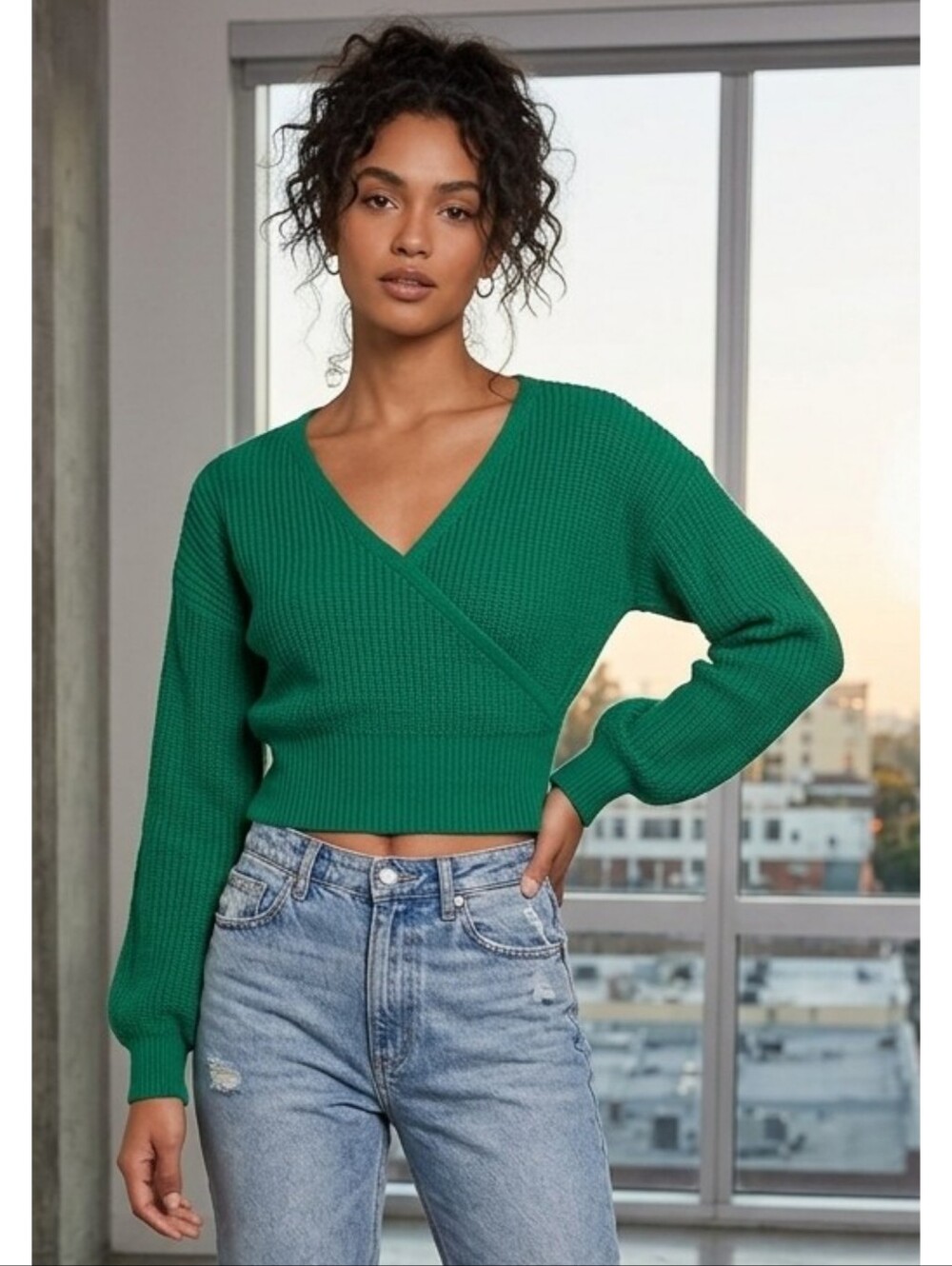 Uk2LA Faux Wrapped Cropped Ribbed Sweater Green Size M